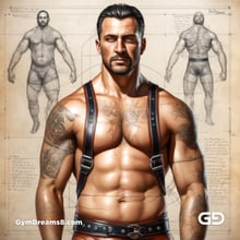 Leather Singlet. Mixed media. Oil over annotated mechanical blueprints, inspired by Leonardo Da Vinci. Stable Diffusion with SDXL.