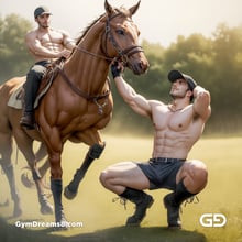 Polo, Suddenly Gay. Photorealistic 3d render of men playing a game of polo, kissing, with Stable Diffusion and Airfuck’s Wild Mix.