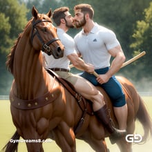 Polo, Suddenly Gay. Photorealistic 3d render of men playing a game of polo, kissing, with Stable Diffusion and Airfuck’s Wild Mix.