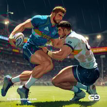 Rugby, Suddenly Gay. Sweat. Rain. Tackle, created with Stable Diffusion and Virile Animation.