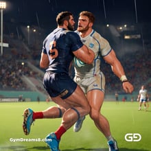 Rugby, Suddenly Gay. Sweat. Rain. Tackle, created with Stable Diffusion and Virile Animation.