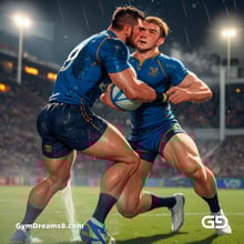 Rugby, Suddenly Gay. Sweat. Rain. Tackle, created with Stable Diffusion and Virile Animation.