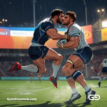 Rugby, Suddenly Gay. Sweat. Rain. Tackle, created with Stable Diffusion and Virile Animation.