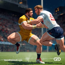 Rugby, Suddenly Gay. Sweat. Rain. Tackle, created with Stable Diffusion and Virile Animation.
