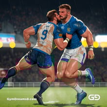 Rugby, Suddenly Gay. Sweat. Rain. Tackle, created with Stable Diffusion and Virile Animation.