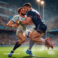 Rugby, Suddenly Gay. Sweat. Rain. Tackle, created with Stable Diffusion and Virile Animation.