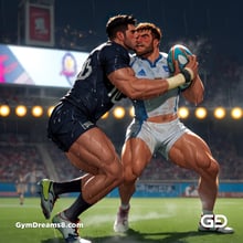 Rugby, Suddenly Gay. Sweat. Rain. Tackle, created with Stable Diffusion and Virile Animation.