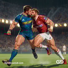 Rugby, Suddenly Gay. Sweat. Rain. Tackle, created with Stable Diffusion and Virile Animation.