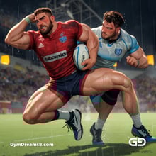 Rugby, Suddenly Gay. Sweat. Rain. Tackle, created with Stable Diffusion and Virile Animation.