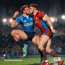Rugby, Suddenly Gay. Sweat. Rain. Tackle, created with Stable Diffusion and Virile Animation.