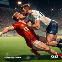 Rugby, Suddenly Gay. Sweat. Rain. Tackle, created with Stable Diffusion and Virile Animation.