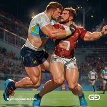 Rugby, Suddenly Gay. Sweat. Rain. Tackle, created with Stable Diffusion and Virile Animation.