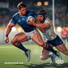 Rugby, Suddenly Gay. Sweat. Rain. Tackle, created with Stable Diffusion and Virile Animation.
