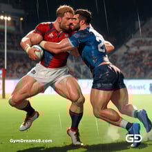 Rugby, Suddenly Gay. Sweat. Rain. Tackle, created with Stable Diffusion and Virile Animation.