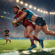 Rugby, Suddenly Gay. Sweat. Rain. Tackle, created with Stable Diffusion and Virile Animation.
