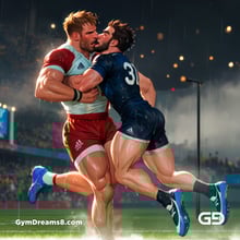 Rugby, Suddenly Gay. Sweat. Rain. Tackle, created with Stable Diffusion and Virile Animation.