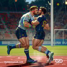 Rugby, Suddenly Gay. Sweat. Rain. Tackle, created with Stable Diffusion and Virile Animation.
