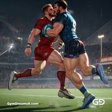 Rugby, Suddenly Gay. Sweat. Rain. Tackle, created with Stable Diffusion and Virile Animation.