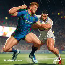 Rugby, Suddenly Gay. Sweat. Rain. Tackle, created with Stable Diffusion and Virile Animation.