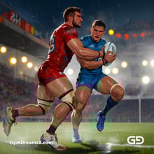 Rugby, Suddenly Gay. Sweat. Rain. Tackle, created with Stable Diffusion and Virile Animation.