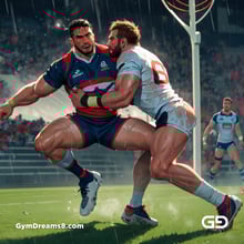 Rugby, Suddenly Gay. Sweat. Rain. Tackle, created with Stable Diffusion and Virile Animation.