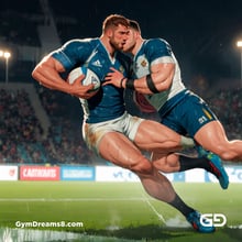 Rugby, Suddenly Gay. Sweat. Rain. Tackle, created with Stable Diffusion and Virile Animation.