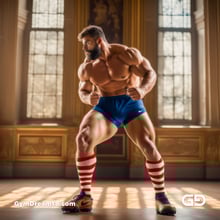 Rugby, Teddy, Stripes. Men in long rugby socks with teddy bears. Rendered in Stable Diffusion with SDXL.