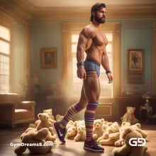 Rugby, Teddy, Stripes. Men in long rugby socks with teddy bears. Rendered in Stable Diffusion with SDXL.
