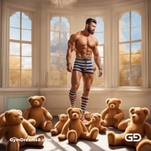 Rugby, Teddy, Stripes. Men in long rugby socks with teddy bears. Rendered in Stable Diffusion with SDXL.