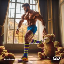 Rugby, Teddy, Stripes. Men in long rugby socks with teddy bears. Rendered in Stable Diffusion with SDXL.
