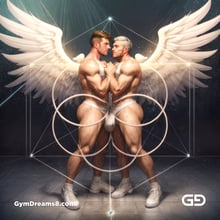 Seed of Life - Angel Couple Kissing in Jockstrap. Sacred Geometry series. Stable Diffusion, Virile Fusion, and Control Net.
