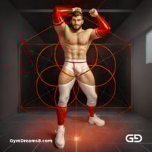 Seed of Life - Jock in Red. Sacred Geometry series. Stable Diffusion and Demon with Latex, Jockstrap.