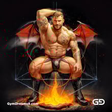 Seed of Life - Demon in Red. Sacred Geometry series. Stable Diffusion and Demon with Latex, Jockstrap.