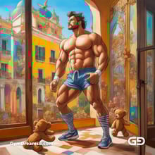 Teddy, Rugby, Stripes. Part 3. Men in long rugby socks with teddy bears. Rendered in Stable Diffusion with SDXL.