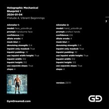 Holographic Mechanical Blueprint 1, Prelude 4 to Vibrant Beginnings. Stable Diffusion, Vibrant Horizon Turbo XL.