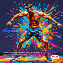 Vibrant Dance. Rainbow Stripes, Paint Splatter, Nike Air Max Plus TN. Stable Diffusion with Vibrant Horizon Turbo XL.
