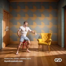 The Chair No. 2, after Elias Avramidis, 2023. Paintings of a man and a yellow chair. Rendered with Stable Diffusion and Airfuck’s Brute Mix.