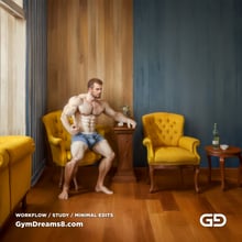 The Chair No. 2, after Elias Avramidis, 2023. Paintings of a man and a yellow chair. Rendered with Stable Diffusion and Airfuck’s Brute Mix.