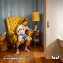 The Chair No. 2, after Elias Avramidis, 2023. Paintings of a man and a yellow chair. Rendered with Stable Diffusion and Airfuck’s Brute Mix.