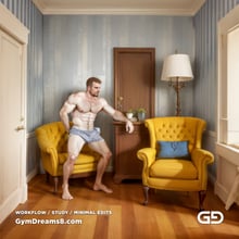 The Chair No. 2, after Elias Avramidis, 2023. Paintings of a man and a yellow chair. Rendered with Stable Diffusion and Airfuck’s Brute Mix.