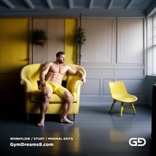 The Chair No. 2, after Elias Avramidis, 2023. Paintings of a man and a yellow chair. Rendered with Stable Diffusion and Airfuck’s Brute Mix.