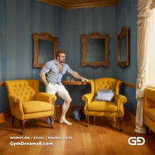 The Chair No. 2, after Elias Avramidis, 2023. Paintings of a man and a yellow chair. Rendered with Stable Diffusion and Airfuck’s Brute Mix.