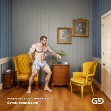 The Chair No. 2, after Elias Avramidis, 2023. Paintings of a man and a yellow chair. Rendered with Stable Diffusion and Airfuck’s Brute Mix.