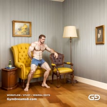 The Chair No. 2, after Elias Avramidis, 2023. Paintings of a man and a yellow chair. Rendered with Stable Diffusion and Airfuck’s Brute Mix.