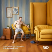 The Chair No. 2, after Elias Avramidis, 2023. Paintings of a man and a yellow chair. Rendered with Stable Diffusion and Airfuck’s Brute Mix.